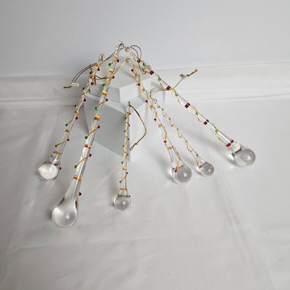 Acrylic Teardrop Icicle Christmas Ornaments with Festive Detailing Set of 6 - Picture 1 of 6